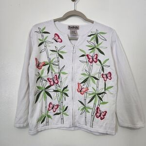 Timberlea Small White Cotton Cardigan Butterfly Greenery Embroidery Beaded Flaw